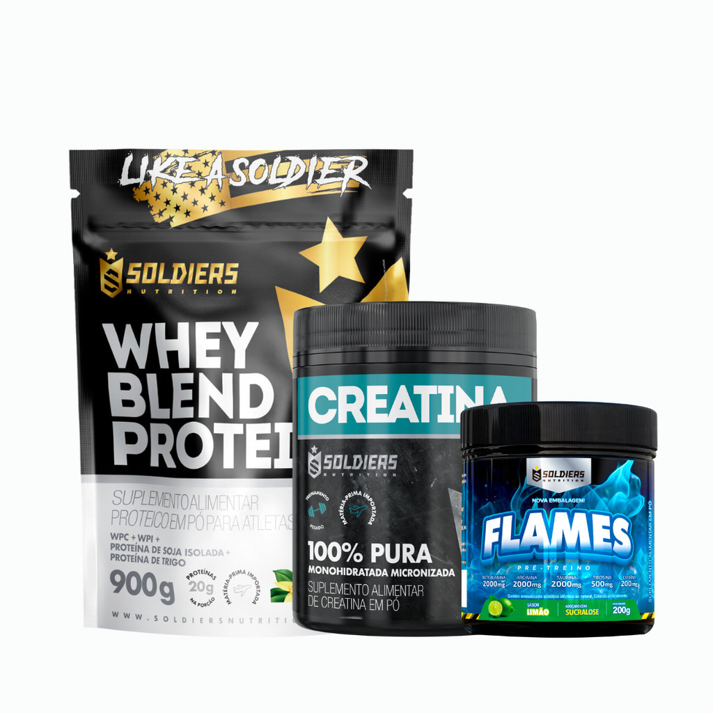 Kit: Whey Blend Protein Concentrado e Isolado 900g + Creatina Monohidratada Pote 300g 100% Pura + Pré-Treino Flames 200g - Soldiers Nutrition