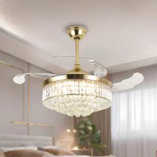 Ventilador De Teto Retrátil Air Cristal Dourado Lustre Led 30w Bivolt Opus Controle Remoto Economia Resfriamento Moderno