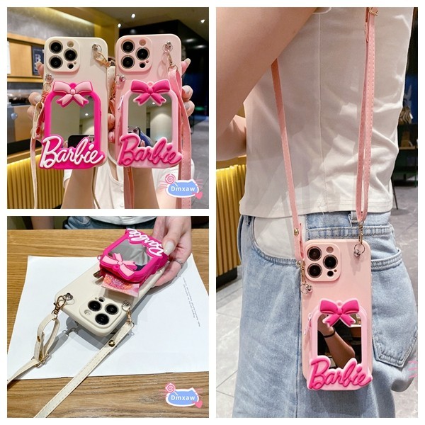 Estojo De Cartão Para Carteira Samsung Galaxy S24 S23 S22 S21 S20 Ultra Plus FE S10 S9 S8 s10e Fofo Barbie Maquiagem Espelho Porta-Cartões Silicone + Capa Traseira Macia À Prova De Choque