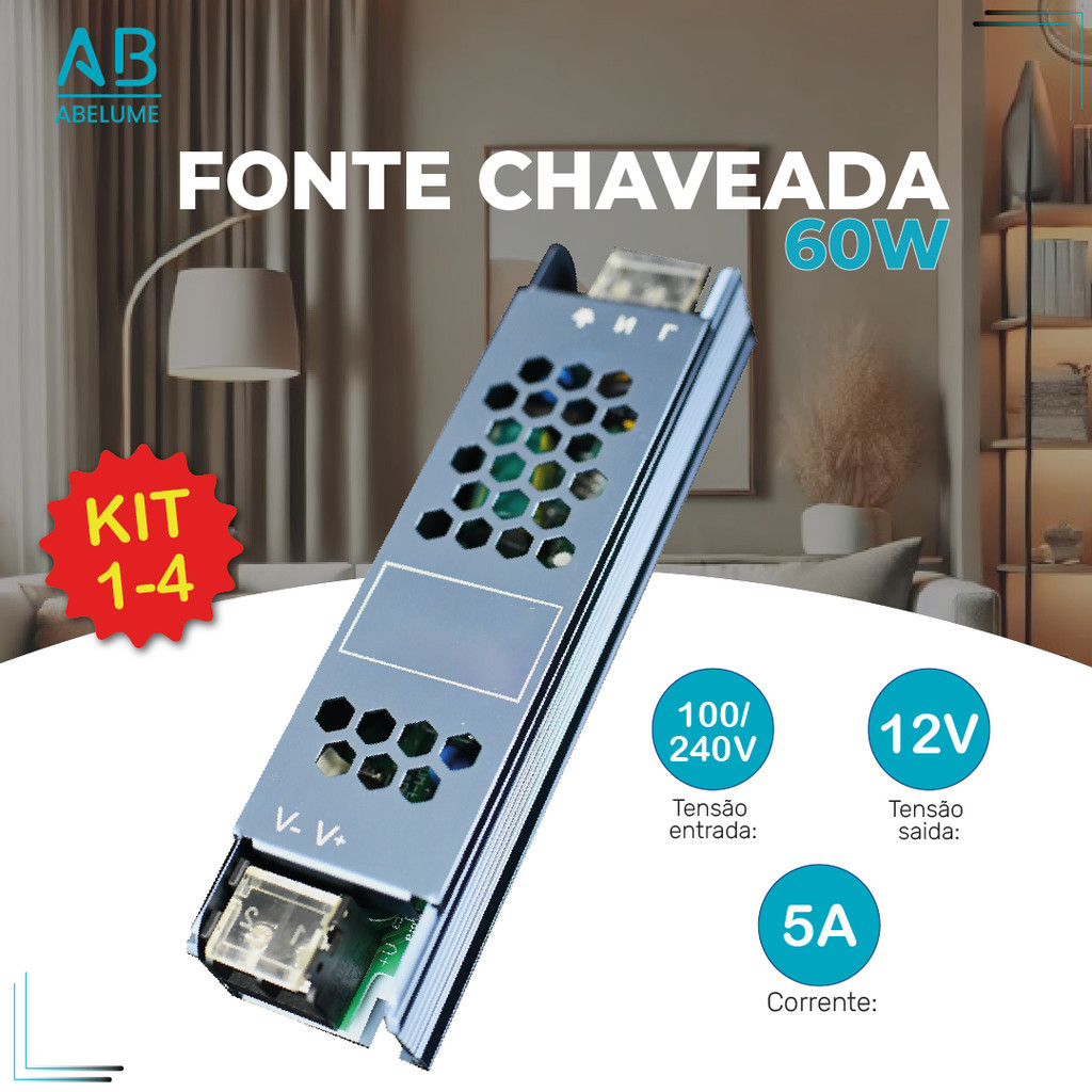 Kit 4 Fonte Chaveada 5A 12V 60w P/ Cftv Fita Led Bivolt 110V-220V