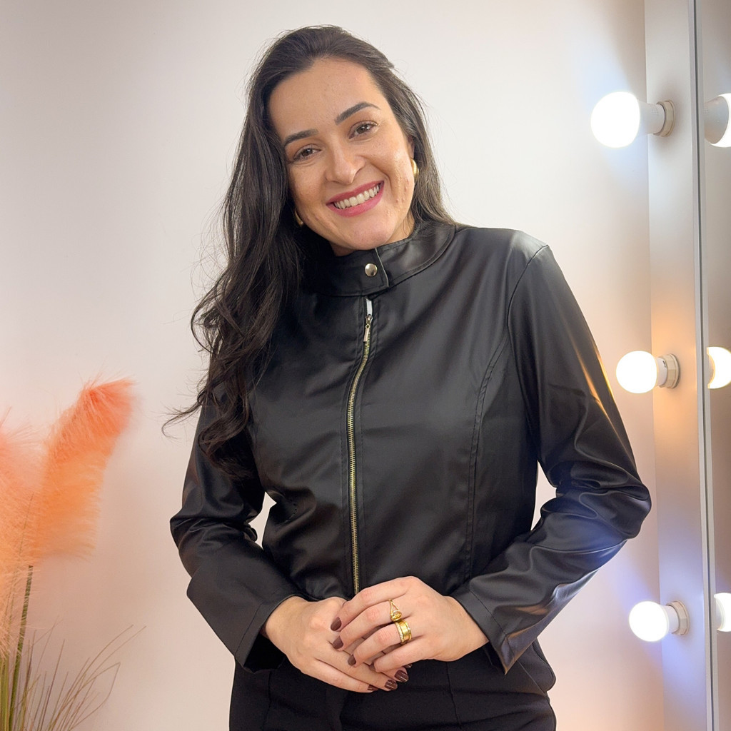 Jaqueta de Courinho Feminina Ziper Couro Sintetico Gola Padre