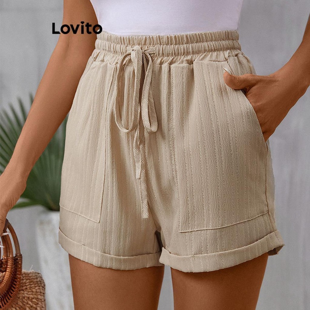 Lovito Shorts Casuais Lisos Com Cordão E Cordão Para Mulheres LNL48218