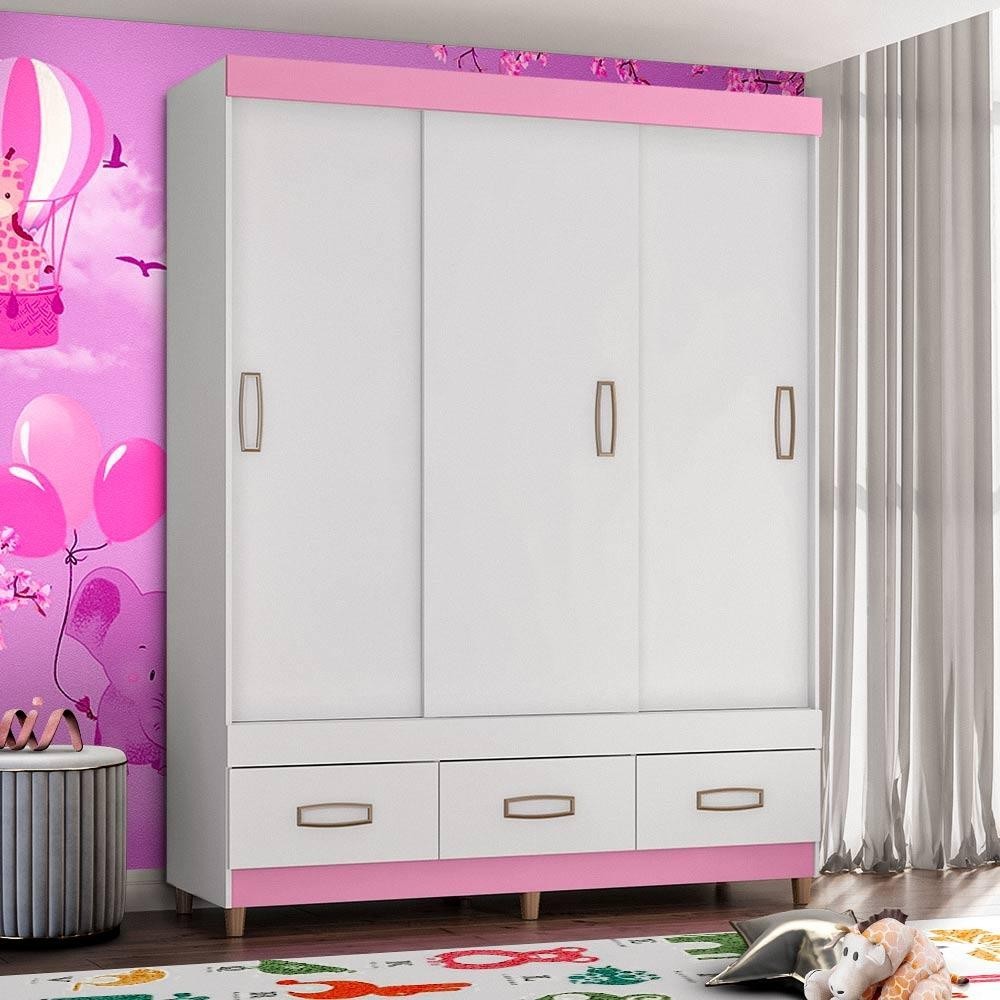 Guarda Roupa Infantil 3 Portas De Correr Branco Rosa 20033-56 Araplac ...