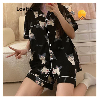 Lovito Conjuntos De Pijama Fofos De Desenho Animado Para Mulheres LNA38215 (Branco Preto)