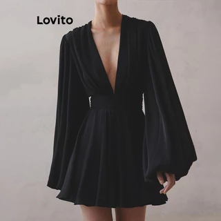 Lovito Vestido elegante liso com zíper franzido para mulheres LNL58073