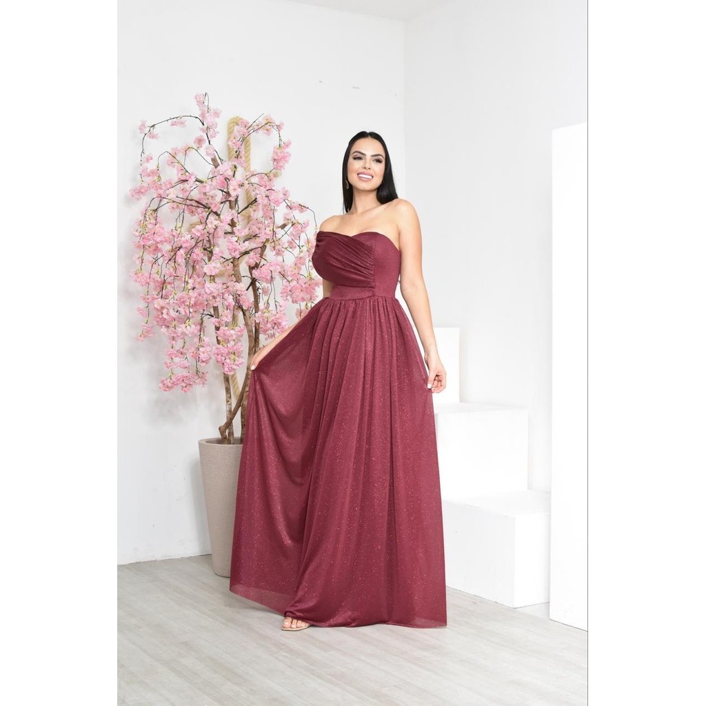 Vestido de Festa Tomara Que Caia Com Detalhe Em Um Ombro Marsala