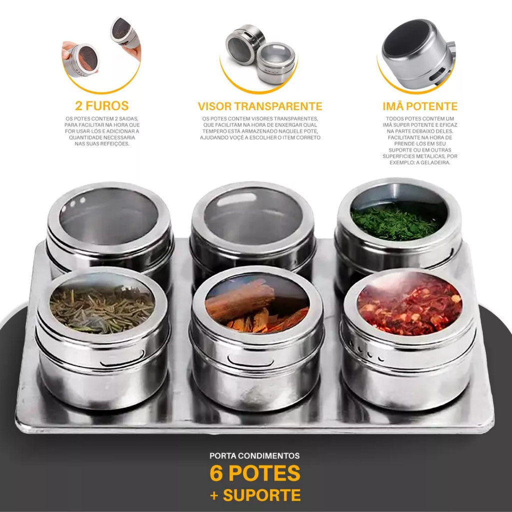 Porta Tempero E Condimento Magnético 6 Potes Inox Dolce Home