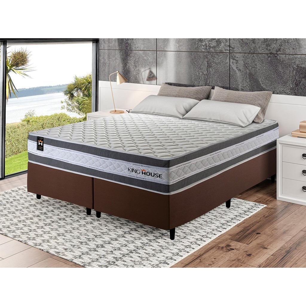 Conjunto Cama Box c/ Molas Ensacadas Alpine Cinza King 193x203x65
