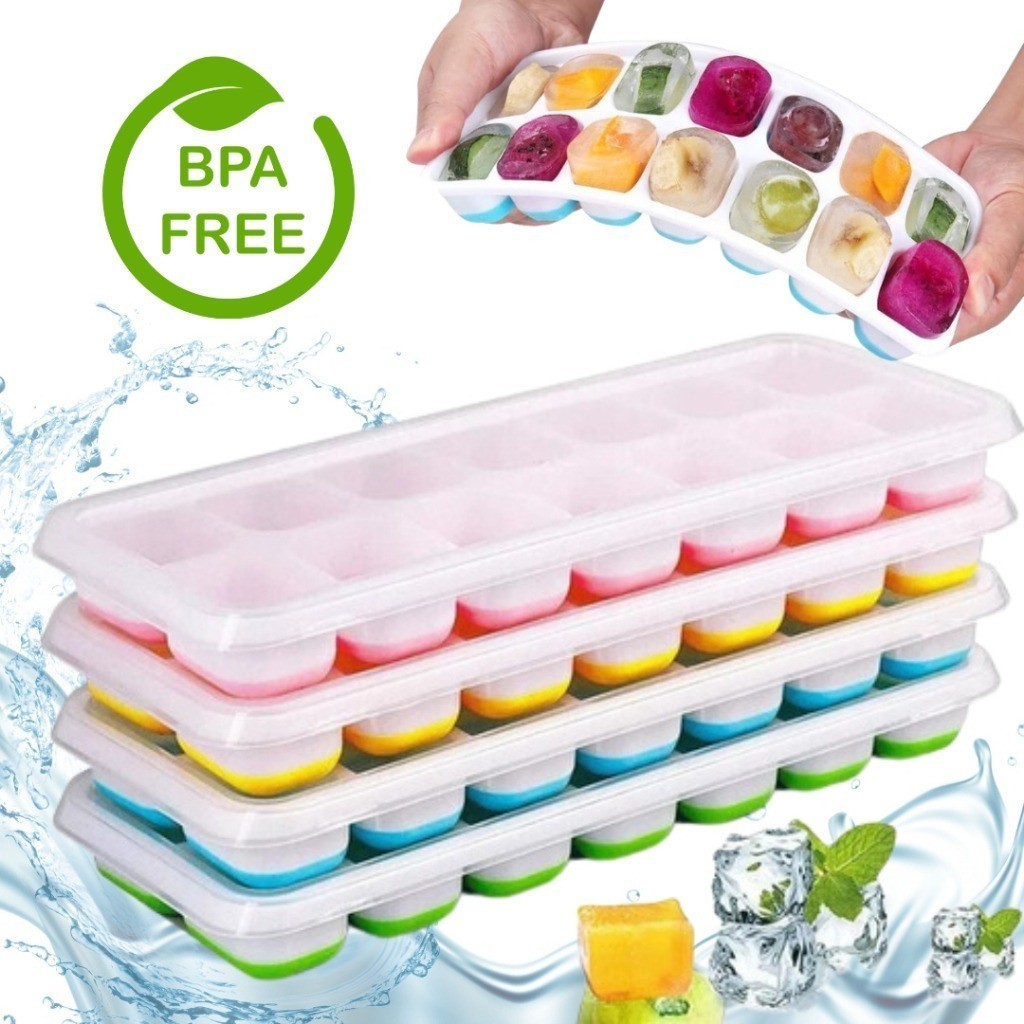 Kit 2 Formas de Gelo Silicone com Tampa Fundo Flexível 14 Cubos