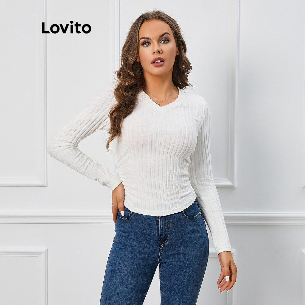 Lovito Casual Camiseta Feminina Lisa Franzida LBL09224