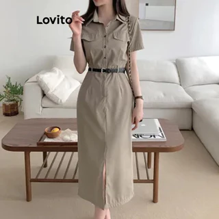 Lovito Vestido elegante com botões lisos para mulheres LNE59259