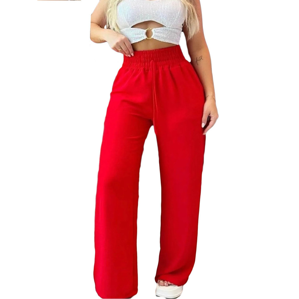 Calça Max Pantalona Feminina Alfaiataria Cos Largo Elastico