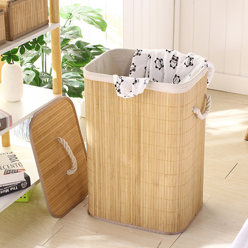 Cesto de Roupa Suja 72 LITROS Lavanderia Bambu c/ Tampa Retangular Forrado Quarto Banheiro Dobrável