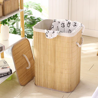 Cesto de Roupa Suja 72 LITROS Lavanderia Bambu c/ Tampa Retangular Forrado Quarto Banheiro Dobrável