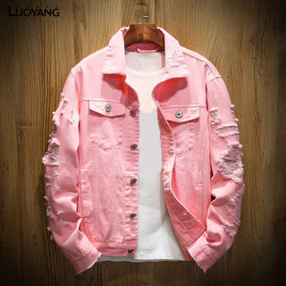 [LYMD] Jean Jacket Ripped Hole Solid Color Turndown Colarinho De Rua Outono-Inverno Solto Casaco De Ganga De Peito Único Para Viagem