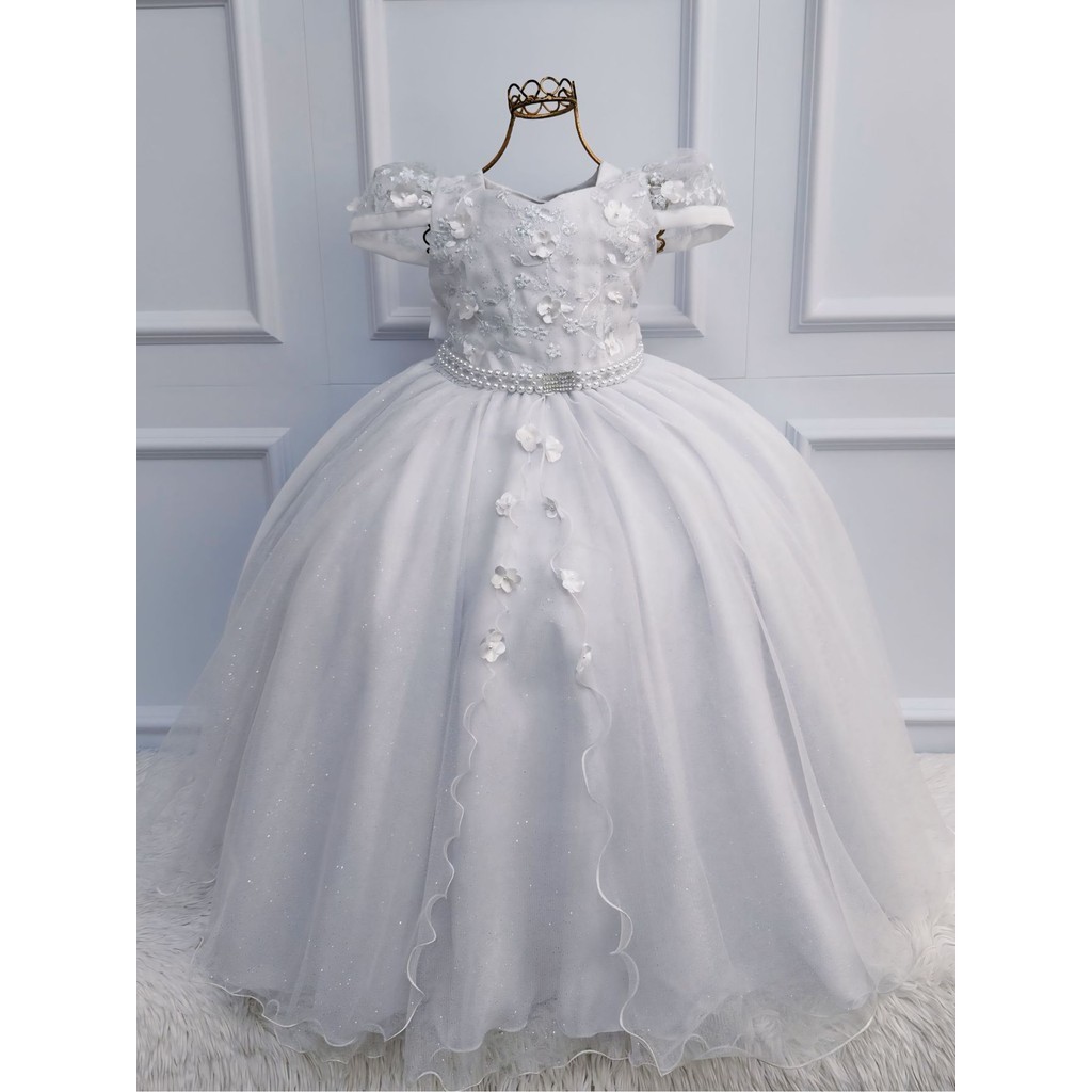 Vestido Longo Dama de Honra Branco Luxo C/ Brilho e Flores-4 ao 16 ...
