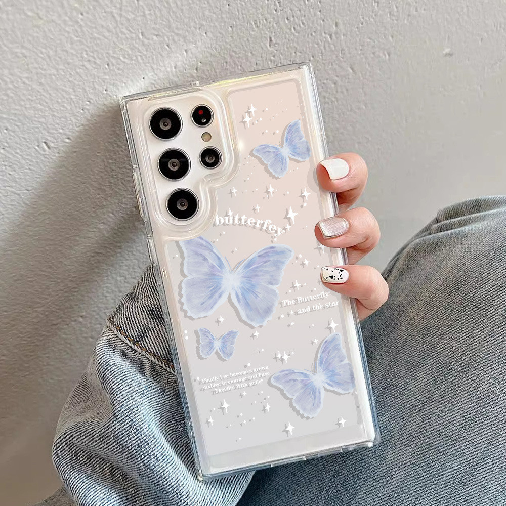Estojo Azul Borboleta Dream Blue S24Ultra S21FE Novo Estilo S24Plusins Estilo S24 Estilo Soft Transparent