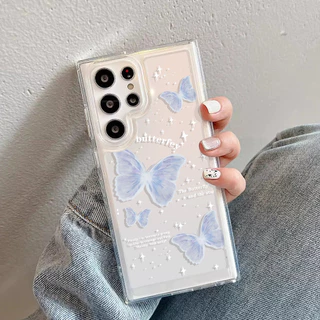 Estojo Azul Borboleta Dream Blue S24Ultra S21FE Novo Estilo S24Plusins Estilo S24 Estilo Soft Transparent