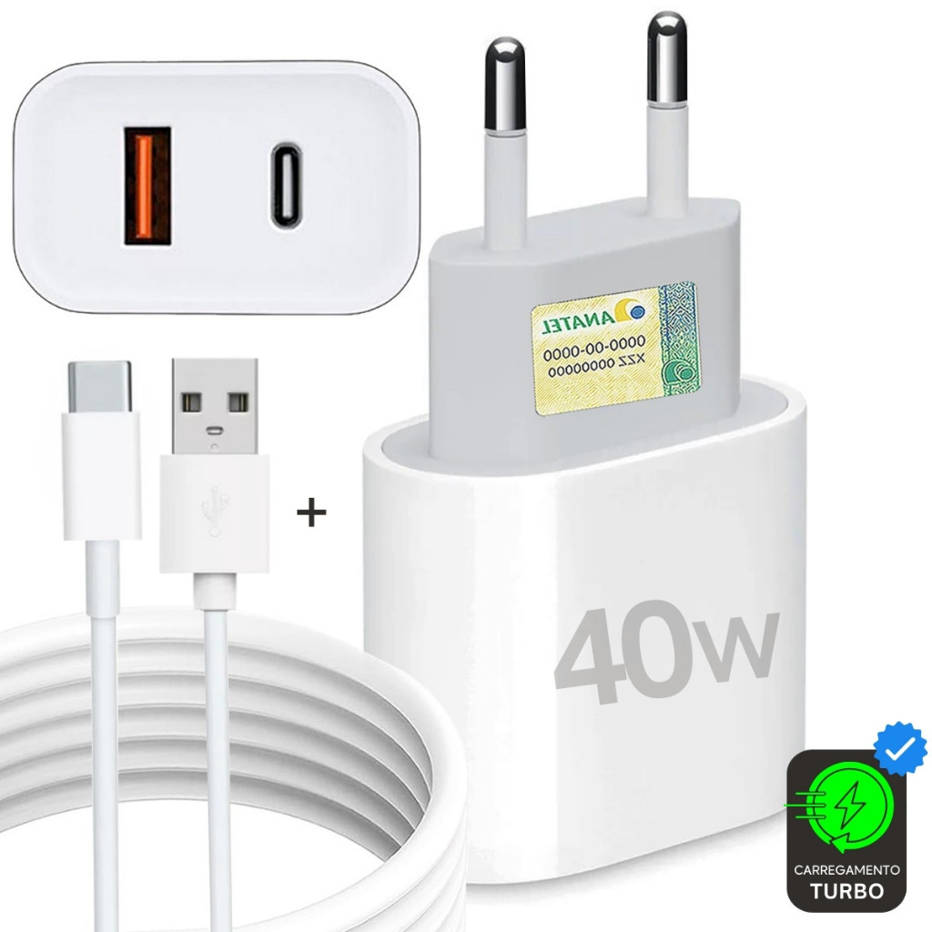 Carregador Tipo C 40W Super Turbo Fonte 2 Entradas USB e USB-C + Cabo ...