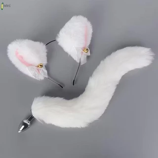 Fita De Pelúcia Para Orelha De Gato White/Black Hairband Com Plug Anal De Pele De Cauda