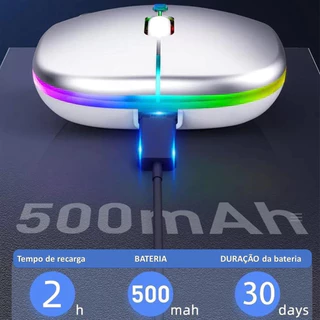 Mouse Sem Fio Wireless Recarregavel Led Rgb 2,4GHz Bluetooth Bateria Interna Ergonômico Silencioso