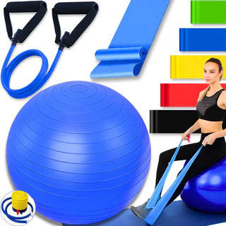 Kit Bola Suíça Pilates Fisioterapia 65cm + Faixa Elástica Thera Band Elástico Exercício 5 Mini Band