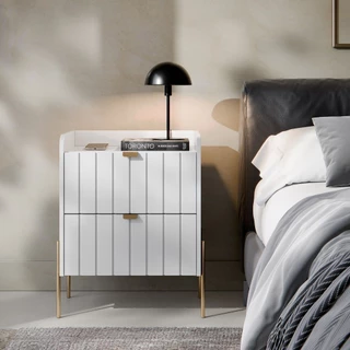 Mesa de Cabeceira Lateral Branco Para Quarto Moriah 45cm Pés em Ferro Estilo Moderno Dourado