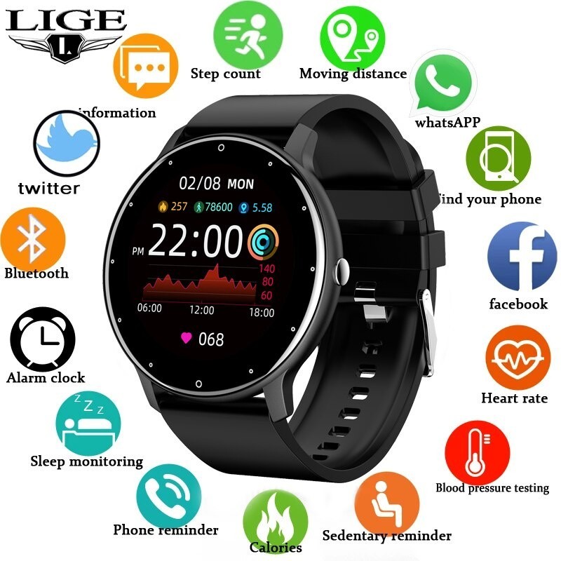 LIGE Relógio Inteligente Homem Mulher Tela De Toque Completo Fitness Esportivo IP67 Bluetooth À Prova D'água Para Android IOS Smartwatch
