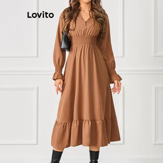 Lovito Vestido elegante com acabamento em alface lisa para mulheres LBL20325