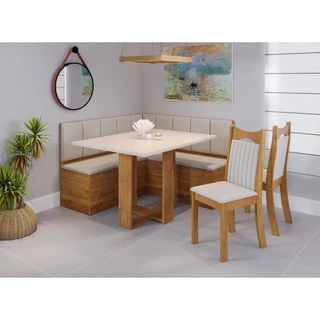 Conjunto Canto Alemão Baú América com Mesa de Jantar Retangular 1,20x80 e 2 Cadeiras Dalas Marfim/Mel