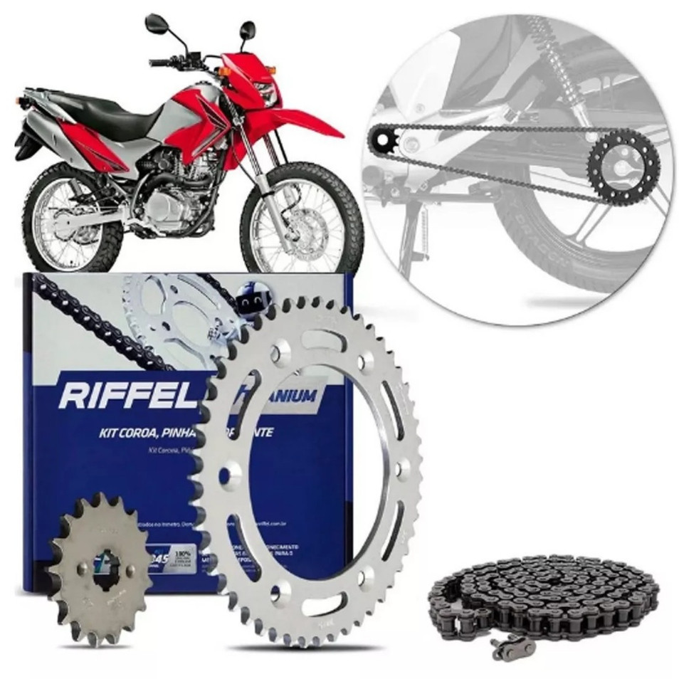 Kit Relação Transmissão Riffel Honda Nxr Bros 150 2003 a 2015 Kit Titanium Aço 1045 Reforçado