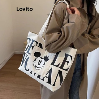 Lovito Carta casual simples de desenho animado sacola de ombro de grande capacidade Bolsa para mulheres LFA31361