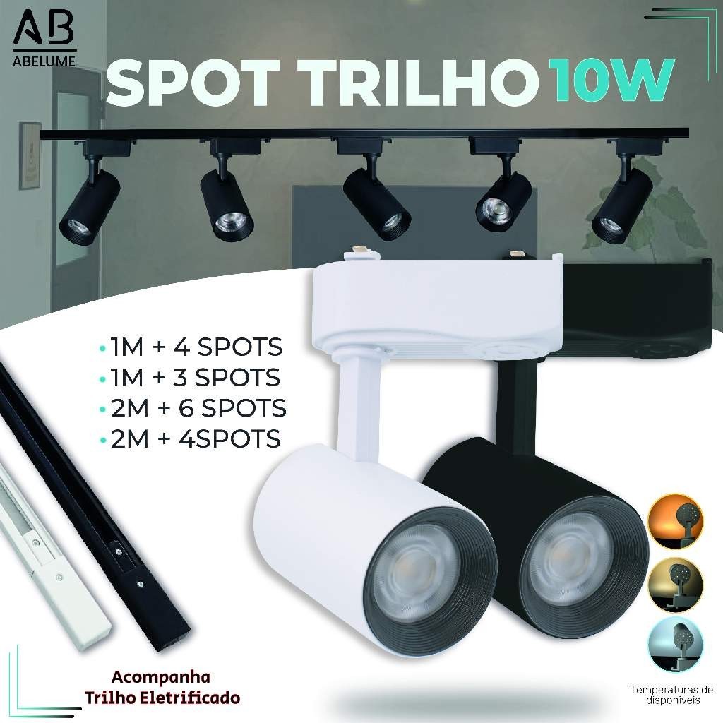 Trilho Spot LED para trilho eletrificado + Trilho + Conector Tubinho Preto e Branco 10W 360° | Luz Branca, Luz Neutra e Luz Amarela | Para ambientes internos modelo econômico Bivolt 110V-220V