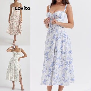 Lovito Casual Vestido Feminino Floral de Amarrar com Fenda LNE51421