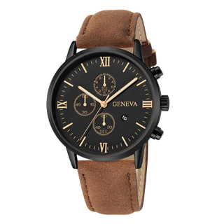 RELÓGIO GENEVA - Clássico com Pulseira em Couro Estilo Crazy Horse, para o Homem Moderno
