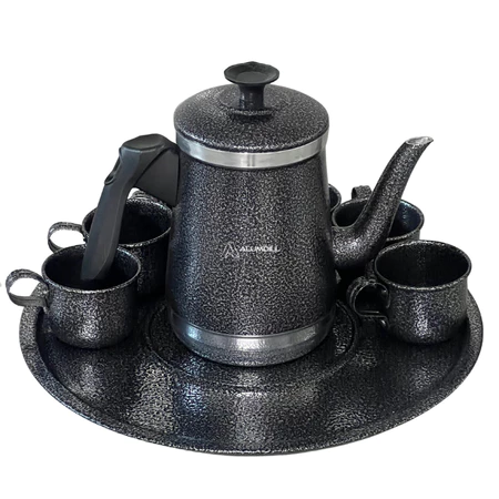 Kit Bule Conjunto Jogo com 6 Xícaras e Bandeja Café Chá Leite Retro em Alumínio Preto Craqueado