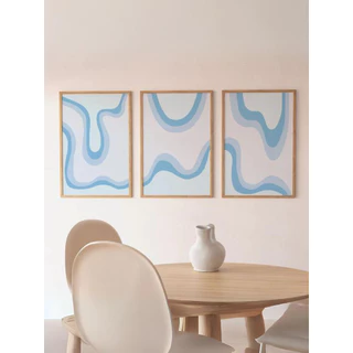 Kit 3 Quadros Decorativos Linhas Wave Azul Moderno Minimalista
