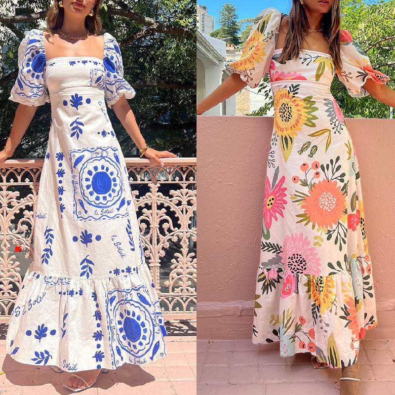 Vestido casual de algodão com mangas de lanterna estampadas com gola de uma palavra (2511)
