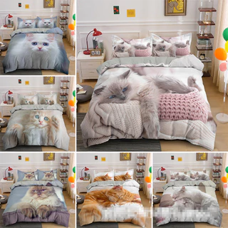 Conjunto De Capa De 3 Peças Edredom Gêmeo Para Gato Infantil Meninas , Romântica Gatinho Com 2 Fronhas