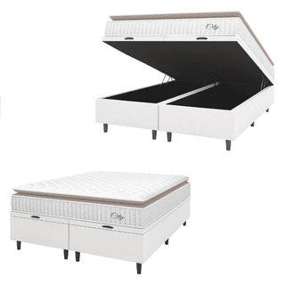 Cama Box Colchão Baú Casal Queen Molas Ensacadas City Pillow Top 158x198x64cm Linho Branco / Bege Hellen - Suporta até 110kg por Pessoa