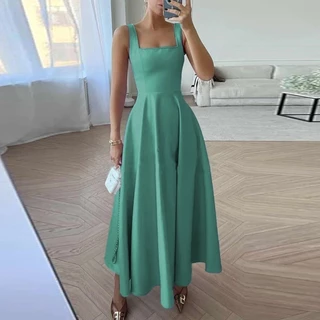 Vestido Longo elegante Gola Quadrada cintura baloiço babado decote haltere festa verão vestidinho praia casamento lindo elegante moda