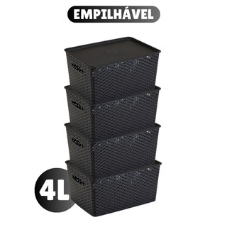 Kit Com 4 Cesto Caixa Organizadora Rattan Com Tampa  4 Litros Preto — foto 4 — Achou Levou Brasil