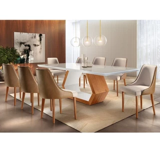 Conjunto Sala de Jantar Mesa Madeira Maciça Sarah e 8 Cadeiras Roma 