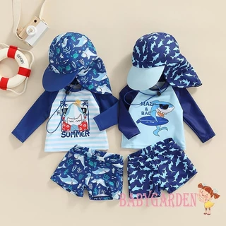 Conjunto de 3pcs banho bebês meninos de 6 meses-4 anos, estampa de tubarão em listras de cartoon, blusa de manga longa + shorts + chapéu, roupa de praia.