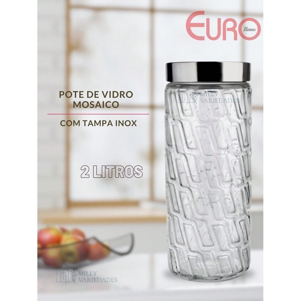 POTE VIDRO MOSAICO COM TAMPA INOX 2L