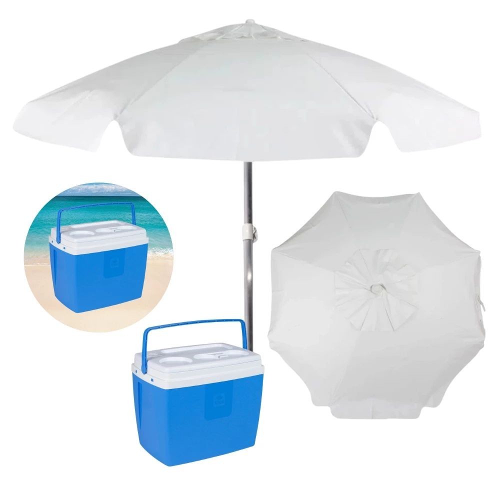 Kit Praia Azul e Branco com Guarda Sol 1,60 M + Cooler 19l | Shopee Brasil