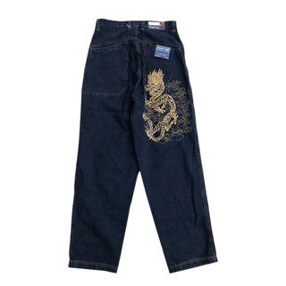 Y2K Jeans Harajuku Retro Dragão Bordado Padrão Baggy Calça Preta Masculina Punk Rock Hip Hop Gótico De Perna Larga Streetwear