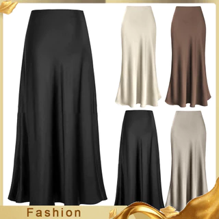 LYb_ Women Elegante Saia De Seda Cintura Alta Rabo De Peixe A-Linha Sólida Cor Brilhante Senhora De Escritório