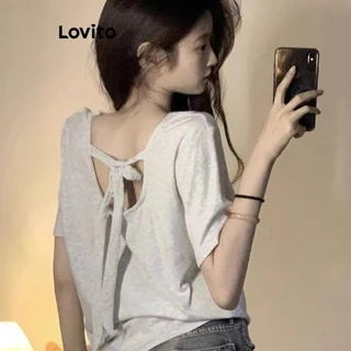 Lovito Camiseta feminina elegante com laço liso nas costas LNE65123