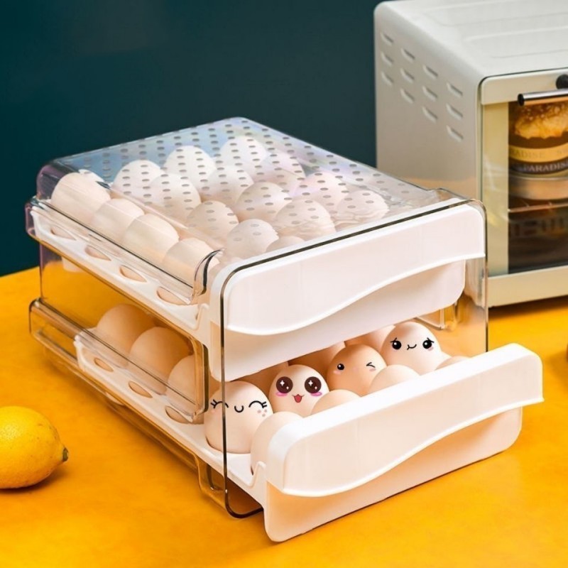 Gaveteiro Duplo em Plástico Tipo Porta 32 Ovos para Cozinha Geladeira